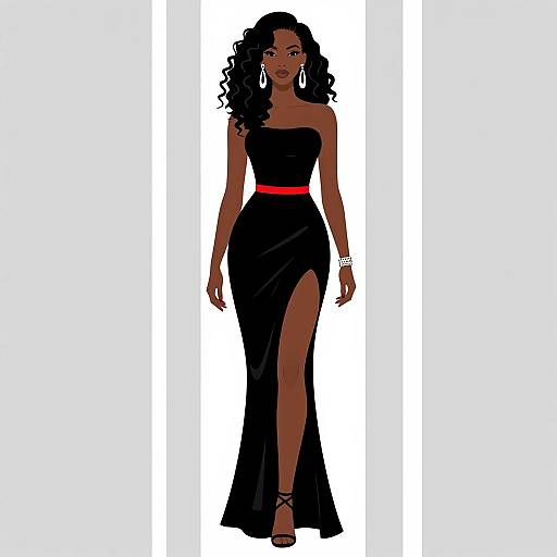 Digital illustration of a dark-skinned woman with long curly black hair, wearing a black strapless gown with a red belt and high slit, and black