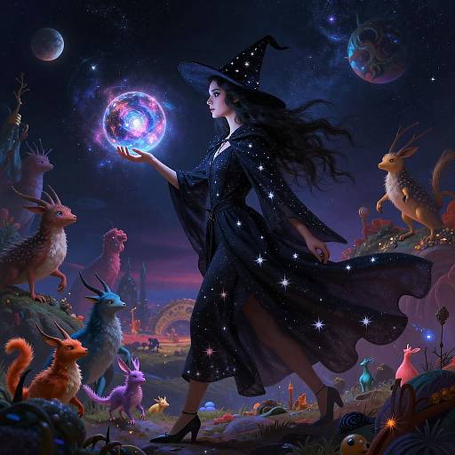 Digital fantasy artwork: A witch with long black hair, star-studded black robe, and hat holds a glowing, colorful orb, surrounded by fantastical