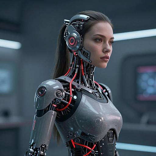 Photorealistic CGI of a sleek, metallic female android with red wiring, long brown hair, and futuristic headset, standing in a dimly-lit