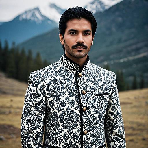Man in Embroidered Sherwani in Mountain Landscape