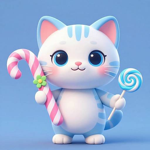 Cute digital illustration of a white and blue cartoon cat with large blue eyes, holding a candy cane and blue swirl lollipop against a blue gradient background