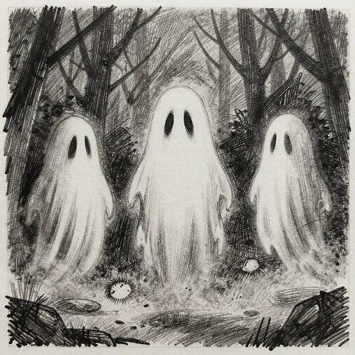Ghostly Figures in Misty Forest