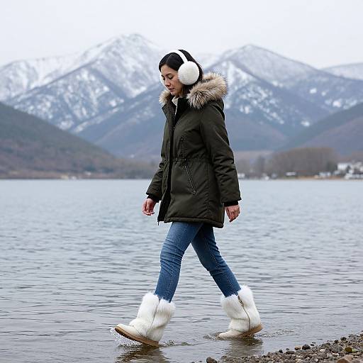 Photograph of a woman in a black winter coat with fur hood, blue jeans, white earmuffs, and white fur-trimmed boots, walking