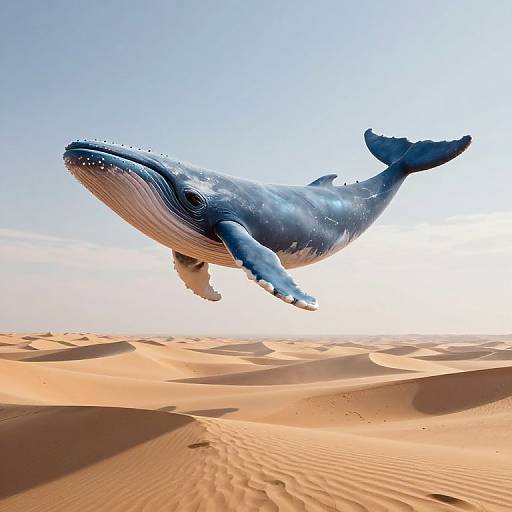 Photograph of a massive blue whale soaring above a sunlit, sandy desert landscape with clear blue sky in the background.