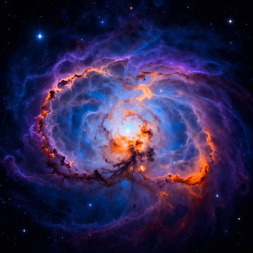 Photograph of a vibrant nebula with bright blue and orange gas clouds, surrounded by dark space and scattered stars.
