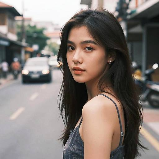 Photograph of an Asian woman with long black hair, wearing a grey tank top, standing on a busy urban street, looking over her shoulder with a