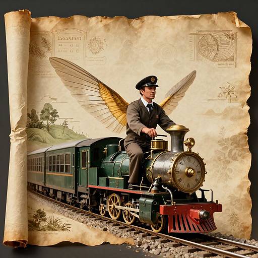 Digital illustration of a Victorian-era train conductor with golden wings, sitting on a steam locomotive, on an aged parchment background.