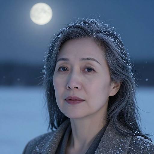 Photograph of a young East Asian woman with fair skin and dark hair, standing in a snowy landscape at night, moonlit background, snowflakes