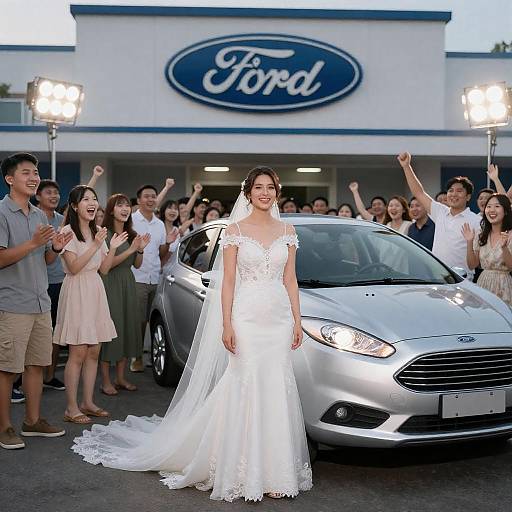 Bride with Ford Car and Crowd