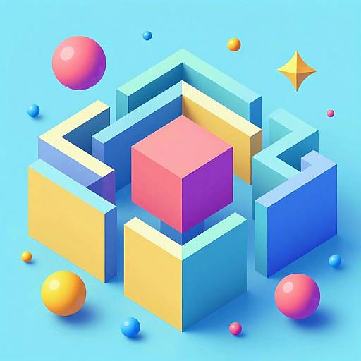 3D digital artwork of colorful geometric cubes in blue, yellow, pink, and purple, surrounded by floating spheres and a star.
