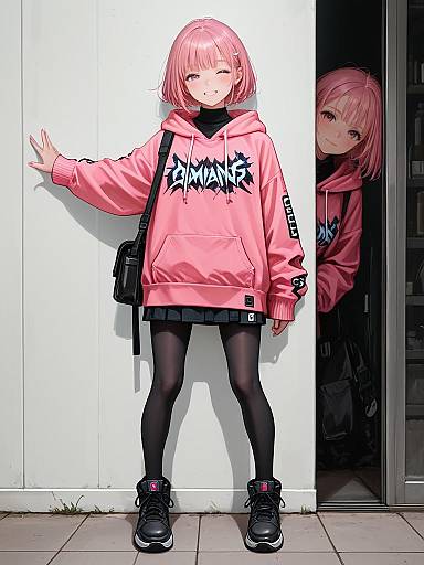 Young Woman in Pink Hoodie Streetwear
