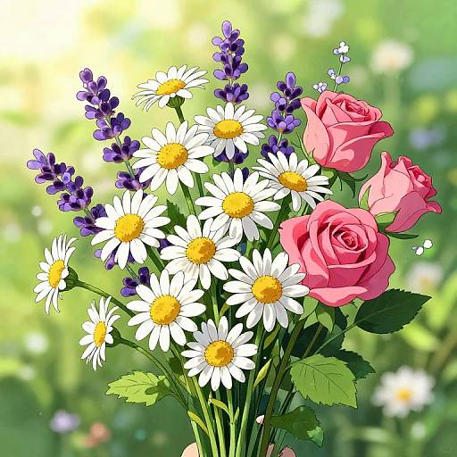 Vibrant digital illustration of a bouquet featuring pink roses, white daisies with yellow centers, and purple lavender against a blurred green and yellow bo