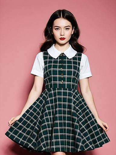Woman in Retro Green Tartan Pinafore Dress