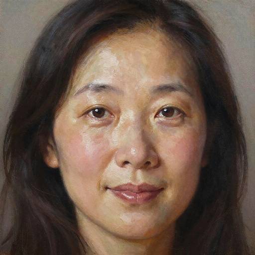 Photograph of an Asian woman with long black hair, fair skin, brown eyes, and a gentle smile, against a plain gray background.