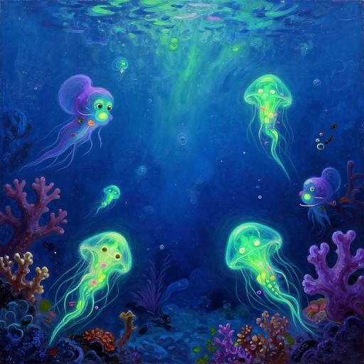 Vibrant digital illustration of glowing green jellyfish with cheerful expressions, surrounded by colorful coral and fish in a deep blue underwater scene.