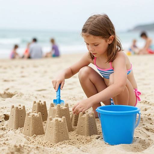 Photograph of a young girl with brown hair in a striped pink and blue bikini, building sandcastles on a sunny beach, using a blue shovel