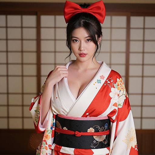 Photograph of an Asian woman with fair skin, dark hair in a bun, red bow, wearing a red and white floral kimono, black ob