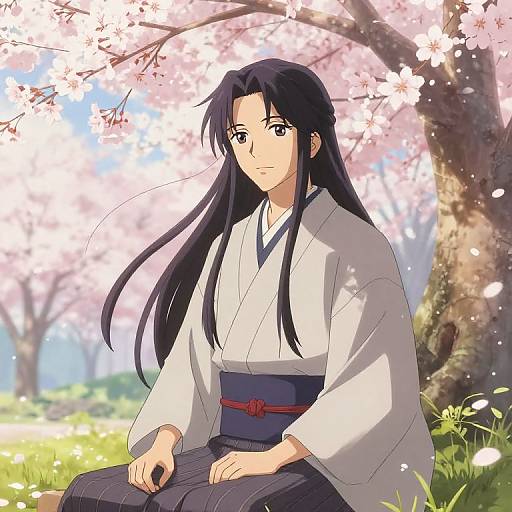 Anime-style digital drawing of a serious young man with long black hair, wearing a white kimono and dark hakama, sitting under pink cherry blossom trees