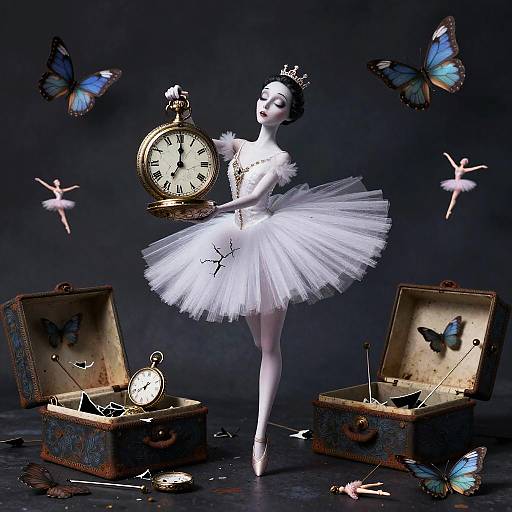 Surreal Clockwork Ballerina with Cracked Pocket Watch