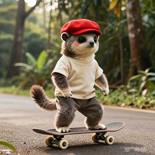 Clothed Fossa Skateboarding in Forest