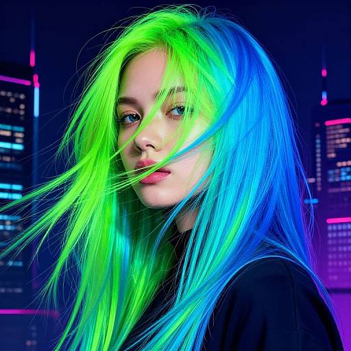 Photograph of a young woman with vibrant neon green and blue hair, glowing against a dark cityscape with colorful neon lights.