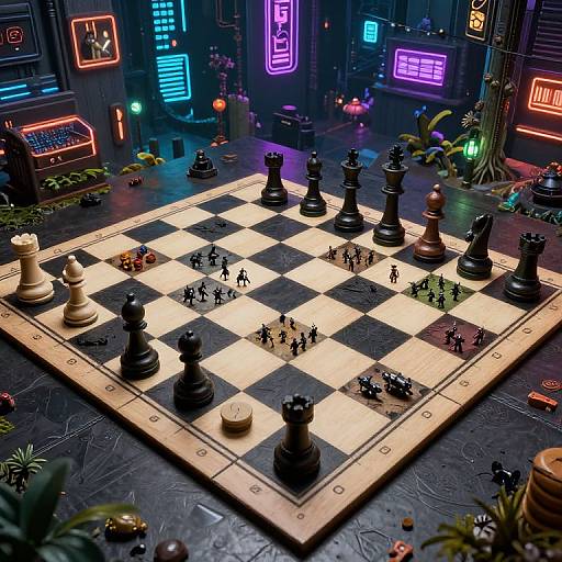 Neon-lit cyber cafe featuring a large chessboard with black and white pieces, surrounded by glowing neon signs and potted plants.