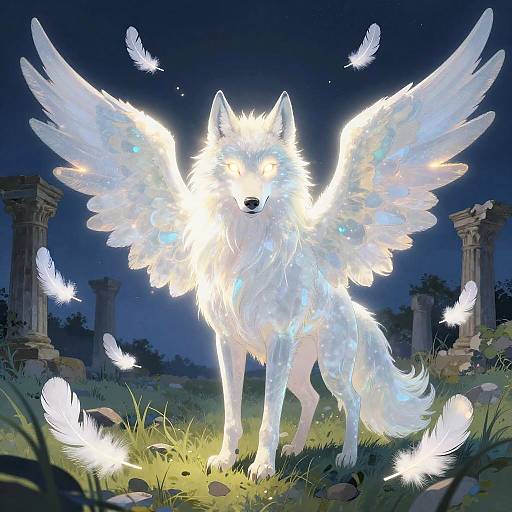Digital art of a glowing white winged wolf standing in a moonlit, ancient ruin, surrounded by luminescent white butterflies.