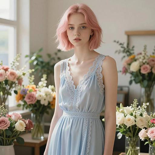 Photograph of a young woman with pink hair wearing a light blue lace-trimmed dress, standing in a sunlit room filled with colorful flower arrangements