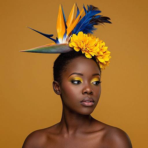 Photograph of a black woman with dark skin, yellow eyeshadow, and a vibrant headdress featuring blue, yellow, and orange feathers with yellow