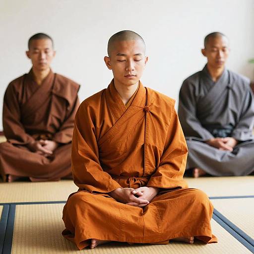 Photograph of three Buddhist monks in orange, brown, and gray robes, meditating cross-legged on a tatami mat, with white background.