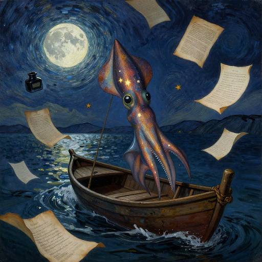 Celestial Squid Librarian on Night Ocean