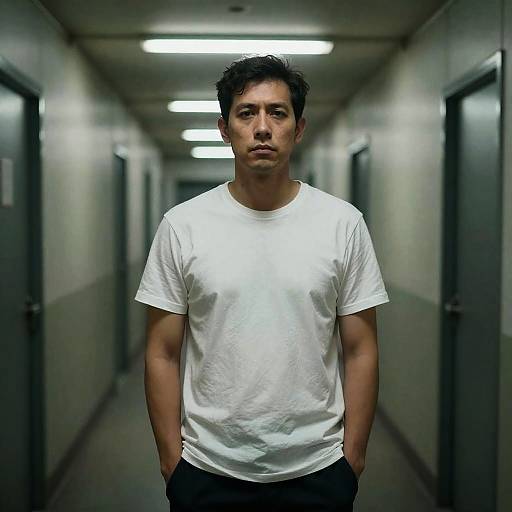 Serious Man in Dim Industrial Hallway