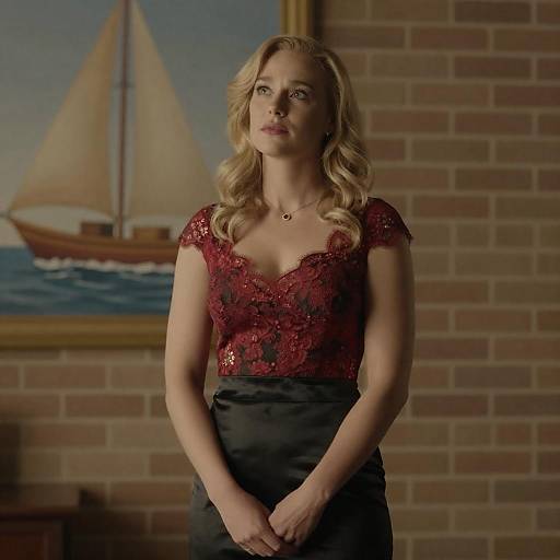 Thoughtful Blonde in Red Lace Dress