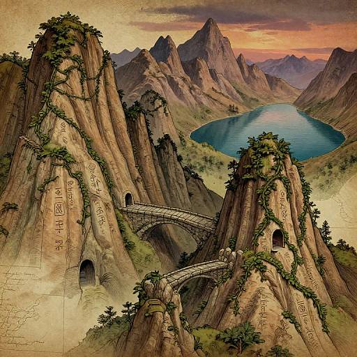 Fantasy landscape illustration: towering rocky cliffs with ancient inscriptions, overgrown with vines, arching stone bridge, serene lake, and sunset sky.