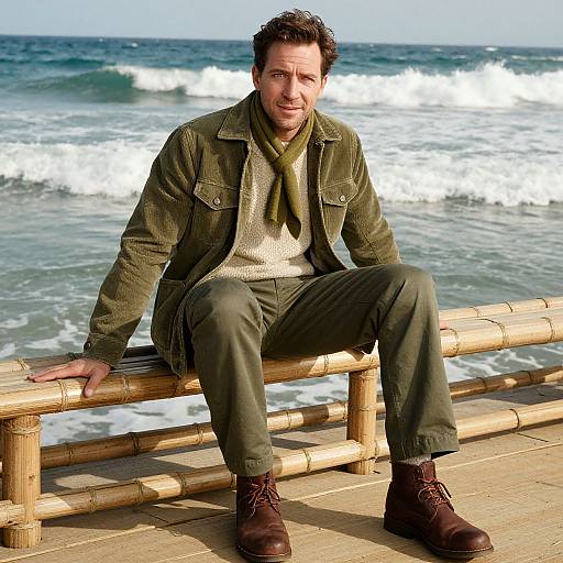Photograph of a middle-aged man with short, dark hair, olive green jacket, khaki pants, brown boots, sitting on bamboo railing by ocean