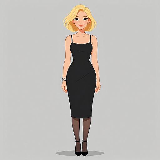 Digital anime-style illustration of a blonde woman with shoulder-length hair, wearing a black sleeveless dress, black tights, and black heels, standing against