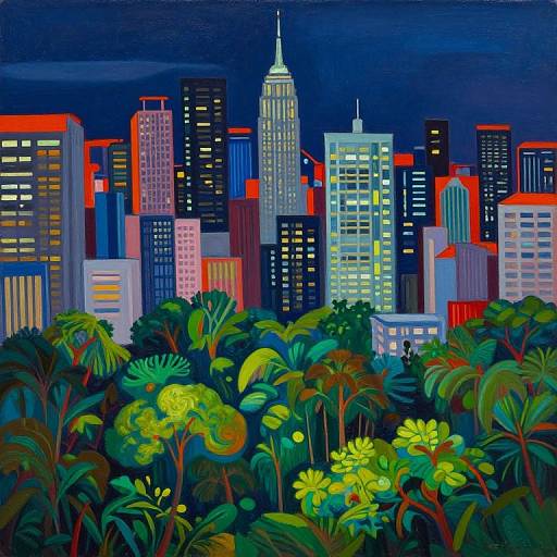 Vibrant digital illustration of a city skyline at night, with colorful, illuminated skyscrapers and lush, green tropical foliage in the foreground.