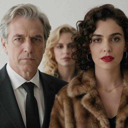 Photograph of a serious older man in a suit, a woman with curly brown hair and red lipstick in a fur coat, and a blonde woman in