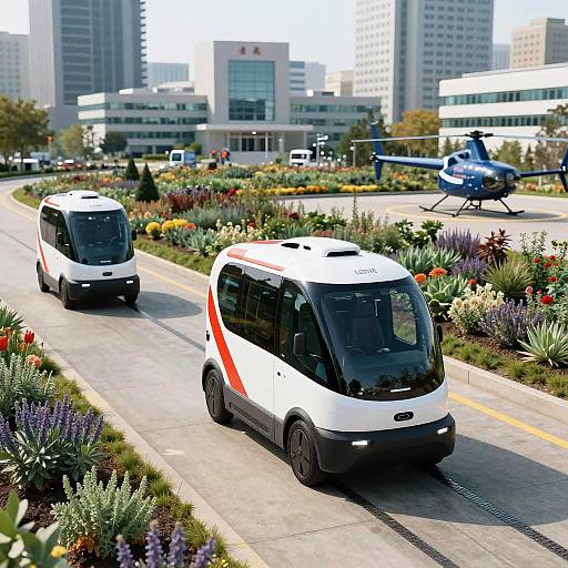 Photograph of two modern, white and red electric buses driving on a sunny urban street, flanked by colorful flowerbeds, with a blue helicopter