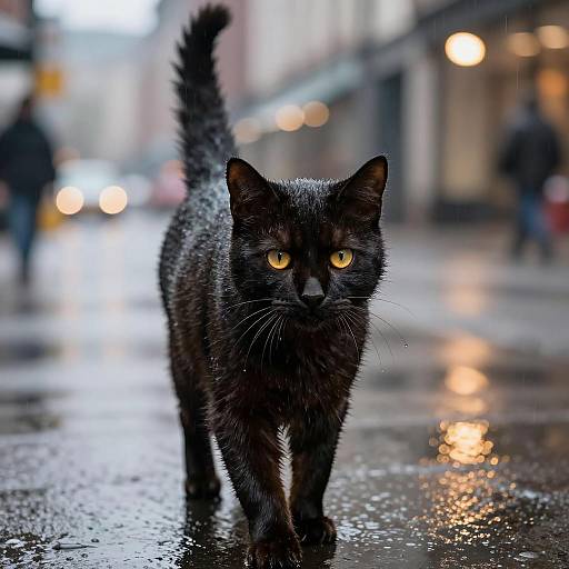 Wet Black Cat Walking on Rainy City Street