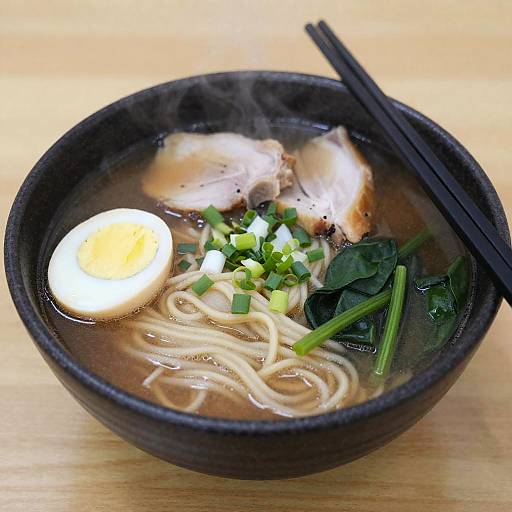 Photograph of a black ceramic bowl filled with ramen, featuring a boiled egg, noodles, green onions, leafy greens, and a piece of pork