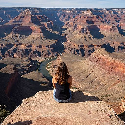 Photograph of a woman with long brown hair, wearing a black sleeveless top and blue jeans, sitting on a rocky cliff, overlooking the vast,