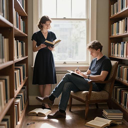 Photograph of a library: A woman in a black dress stands reading to a seated man in a navy t-shirt and jeans, surrounded by booksh