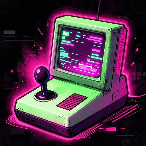 Neon-lit, retro computer with a glowing, colorful screen and black joystick, set against a dark, cyberpunk background. Digital art style.