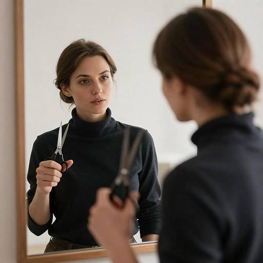 Woman Holding Scissors in Front of Mirror