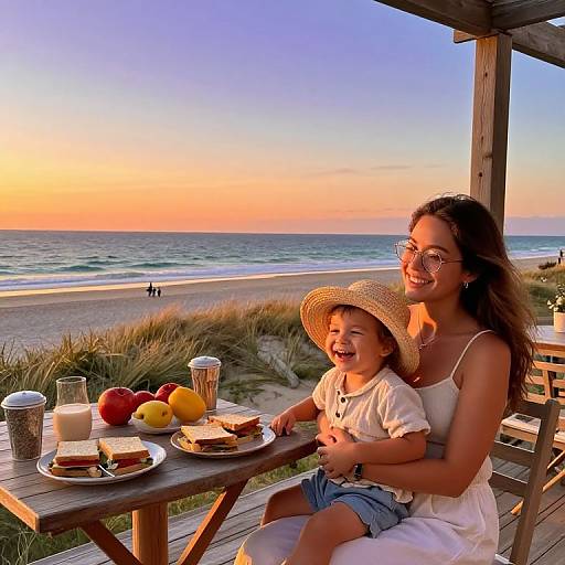 Photograph of a smiling mother and son at a beachside table during sunset, wearing summer clothes, with food and drinks, and dunes in the