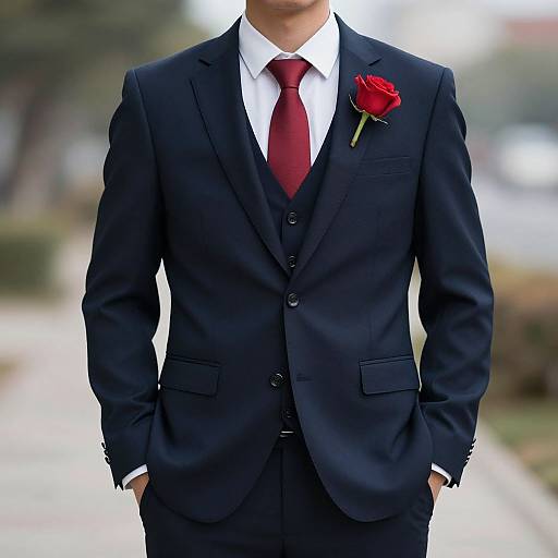 Photograph of a man in a black three-piece suit with a red tie and rose boutonniere, hands in pockets, standing outdoors. Bl