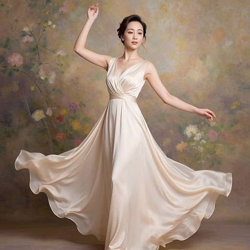 Photograph of an Asian woman with fair skin, black hair in an updo, wearing a flowing, ivory satin sleeveless gown, gracefully posing against
