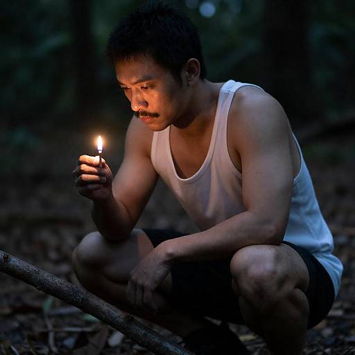 Mustached Man with Match in Woods