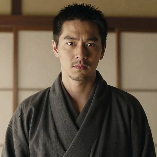 Photograph of a serious East Asian man with short black hair, wearing a dark gray kimono, standing in front of a traditional Japanese shoji screen